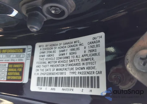 2014 Honda Civic Lx from USA, damaged, VIN 2HGFG3B56EH519915